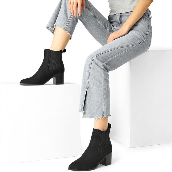 Women's Faux Suede Chelsea Ankle Boots Low Block Heel Pointed Toe Fall Shoes - Picture 6 of 8